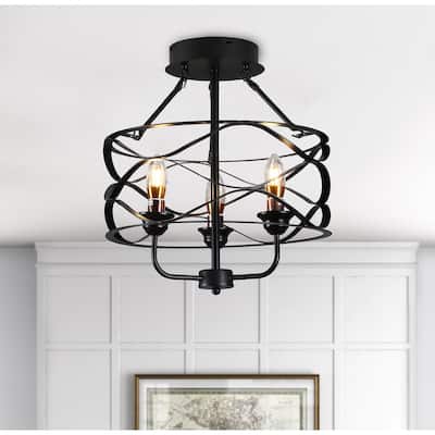 Modern Black Iron Frame 3-Light Semi Flush Mount Lighting Fixture