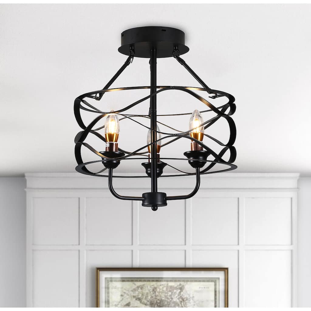 Modern Black Iron Frame 3-Light Semi Flush Mount Lighting Fixture