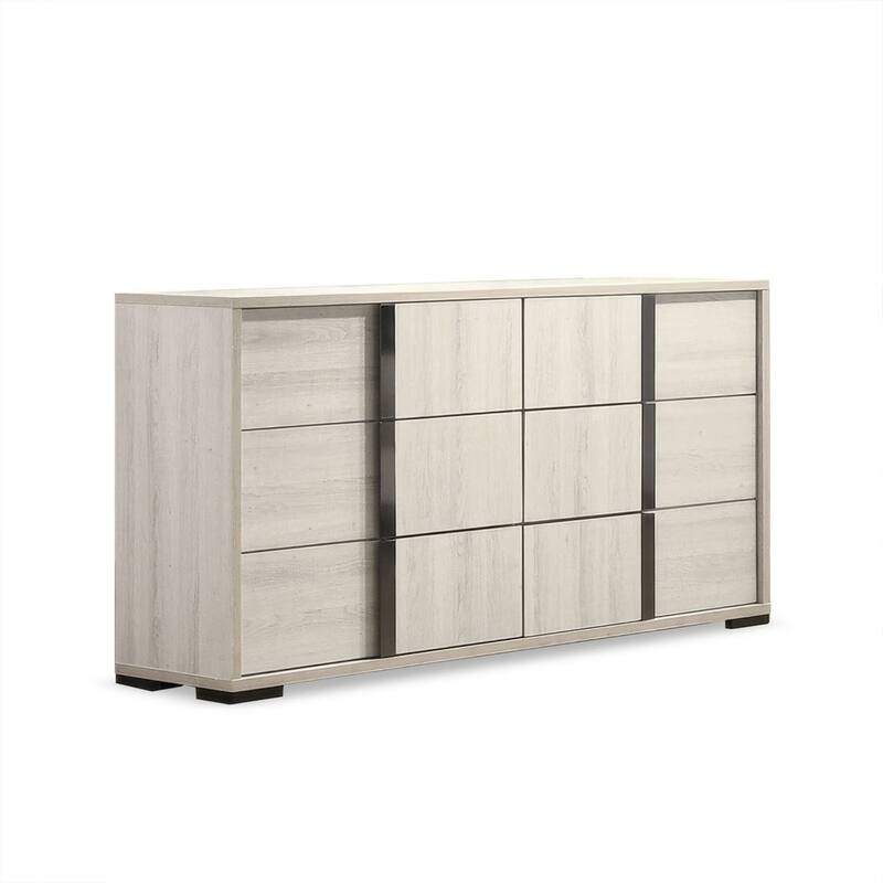 Hyao Wide Dresser, 6 Drawers w Chrome Handles, White Wash Veneer