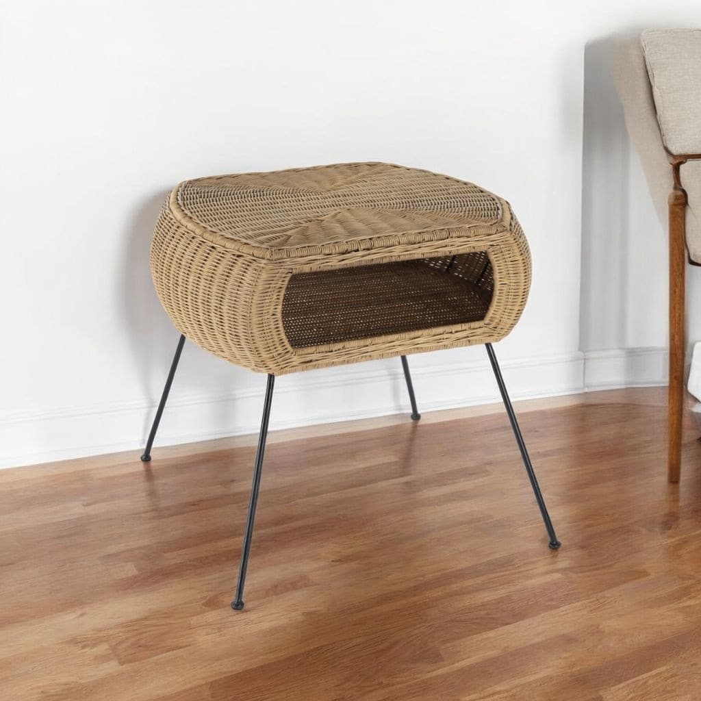 HomeRoots 24" Black And Brown Distressed Rattan And Iron Round End Table With Shelf - 24.25' X '23.75' X '28
