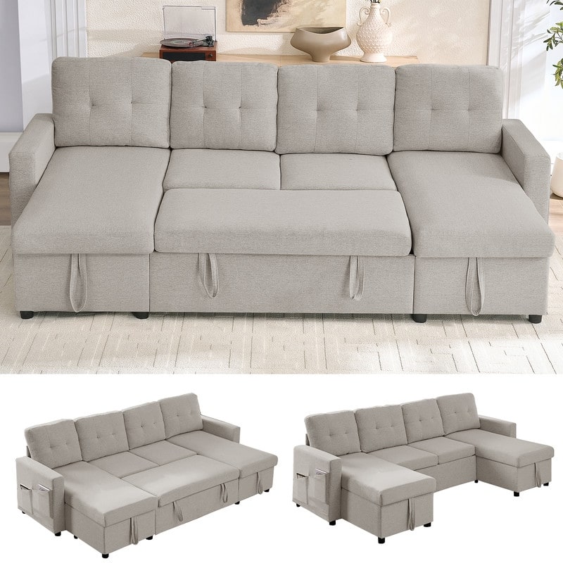 98"W 4-Seater Modular Sleeper Sofa Bed with Storage Chaise,U-shaped Sofa with Pull-out Bed