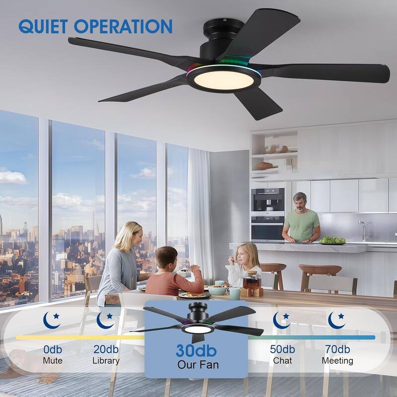 52 Inches RGB Flush Mount Ceiling Fan with Light,Reversible DC Motor for Bedroom Living Room Patio
