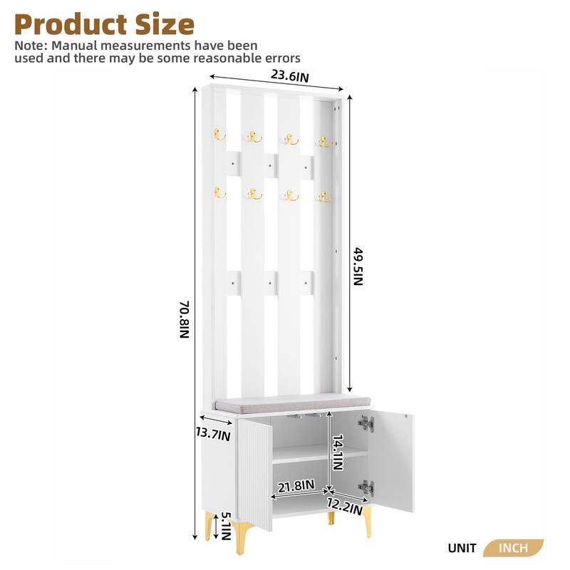4-in-1 Hall Tree with Cushion, Coat Rack with 8 Gold Hooks and Legs, Entryway Bench with Adjustable Shelves & Fluted Doors