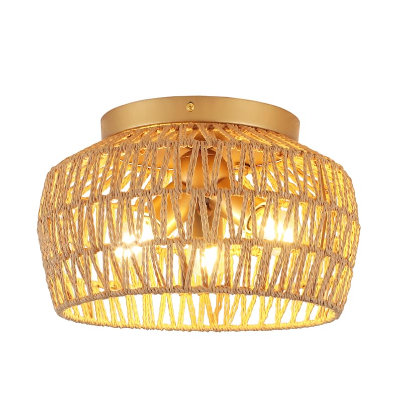 3-Light Rattan Semi Flush Mount Chandelier for Hallway Entryway Dining Room
