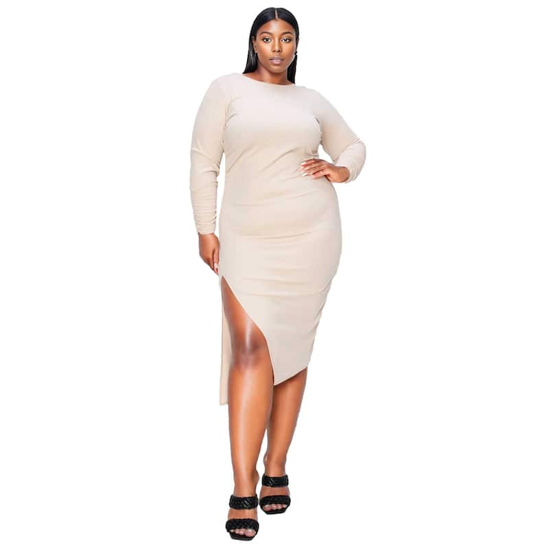 L I V D Plus Size Bianca Open Back Slit Dress - 1X - Oatmeal