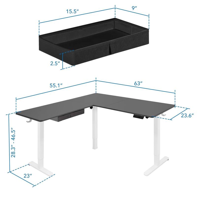 Mount-It! Large 63"W Electric Corner Adjustable Standing Desk, Black/White (MI-15016)