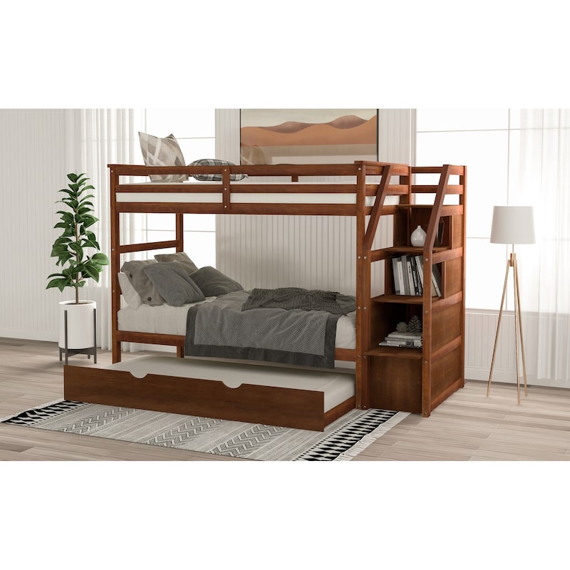 Twin Solid Pine Bunk Bed with Trundle and Stairs