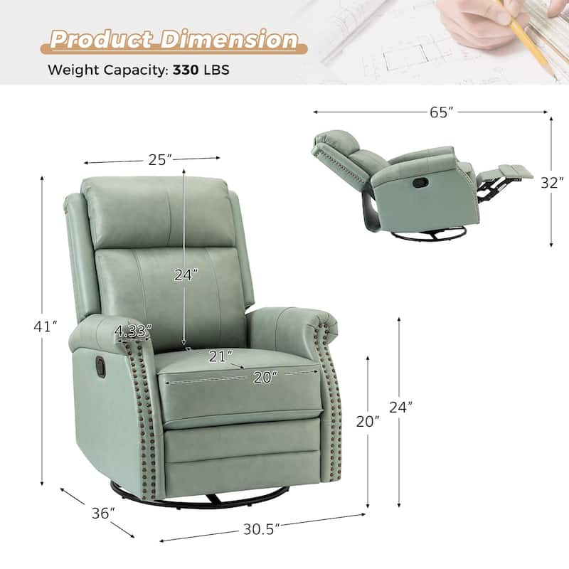 Alina Modern 20''w Genuine Leather Swivel Rocker Nursery Manual Recliner Chair with Rolled Arms by HULALA HOME
