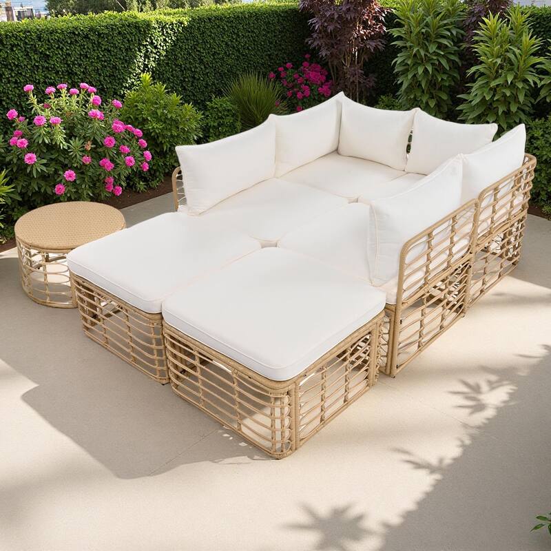 7-Pieces Outdoor Wicker Modular Sectional Sofa Set with Coffee Table, Free Combination - Beige