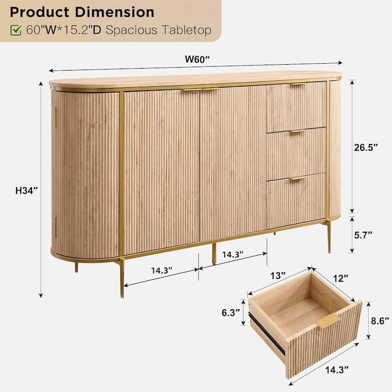 60" Modern Fluted Buffet Cabinet, Buffet Table, Coffee/Wine Bar