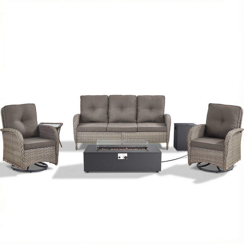 Pocassy 5/7 Piece Sofa Swivel Chair Ottoman with Fire Pit Table