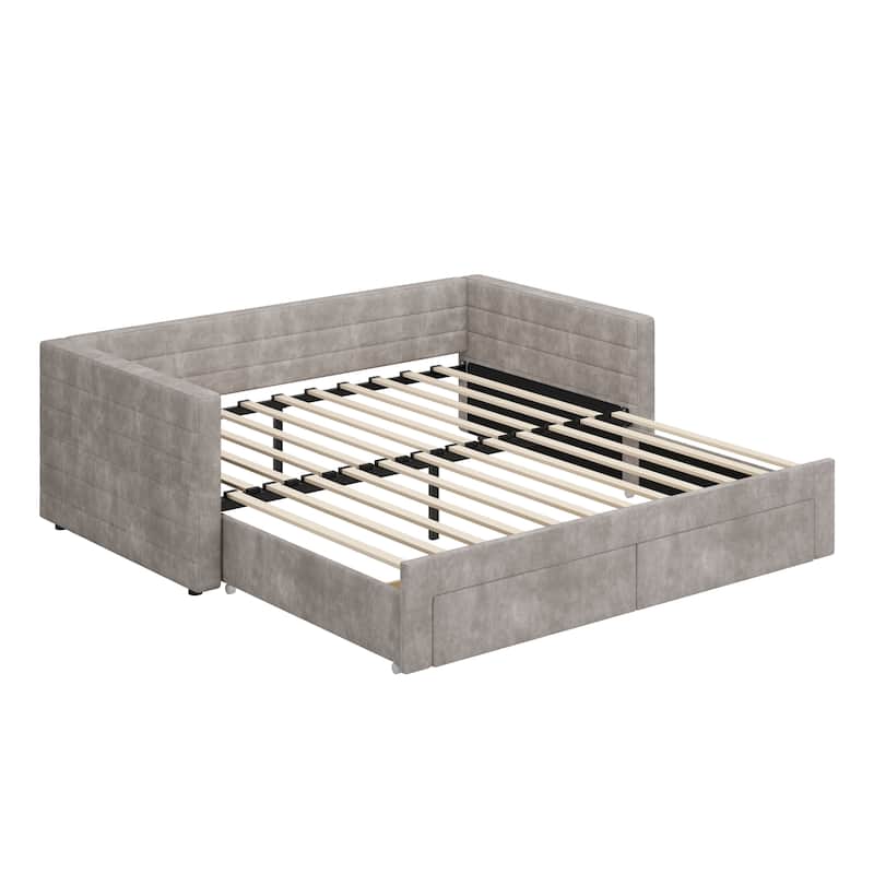 Twin Size Upholstered Bed Extendable Daybed Frame Twin to King Design Chenille Fabric Sofa Bed with Trundle and Storage Drawers