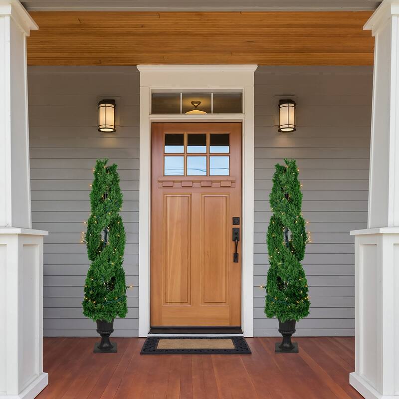 Real Touch™ Artificial Pre-Lit Cedar Double Spiral Topiary Tree Clear Lights 4.5'
