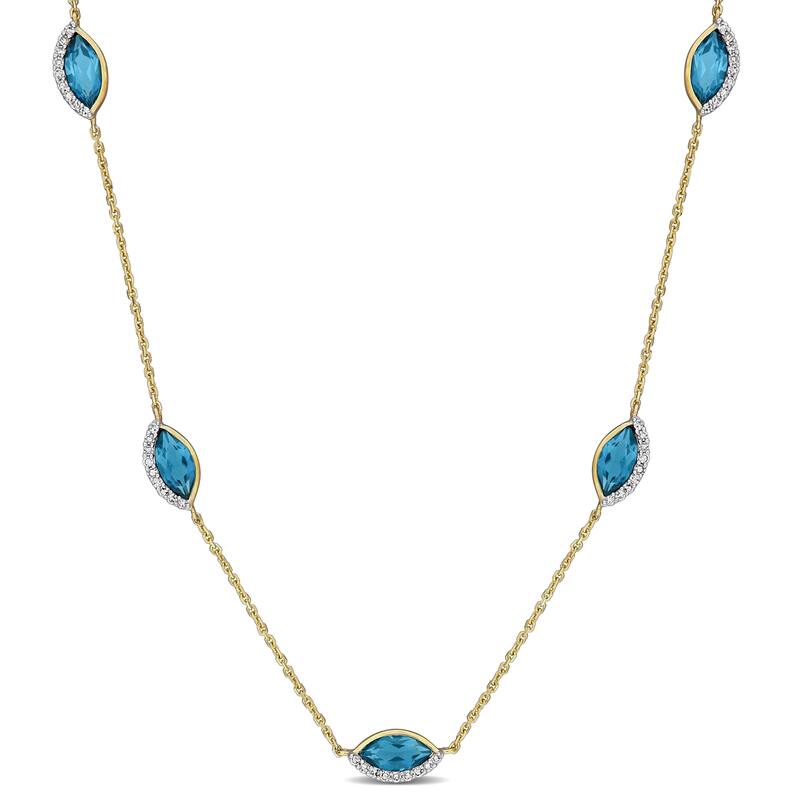 Miadora 3 1/6ct TGW London Blue Topaz 1/4ct TW Diamond Station Necklace in 14k Yellow Gold