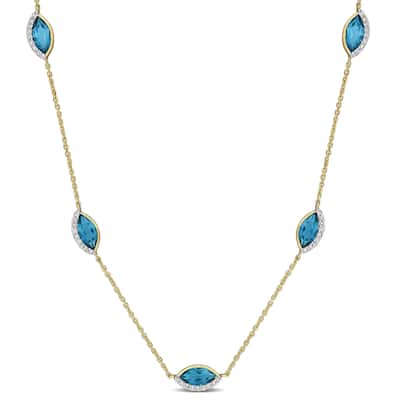 Miadora 3 1/6ct TGW London Blue Topaz 1/4ct TW Diamond Station Necklace in 14k Yellow Gold