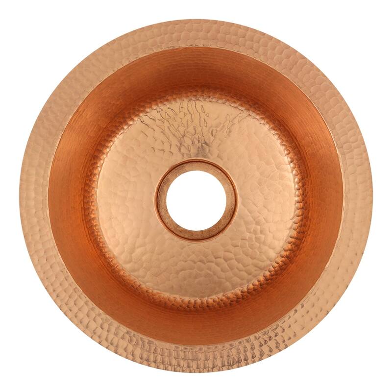 12" Round Hammered Copper Bar Sink with 2" Drain Opening in Polished Copper, Matching Drain and Accessories