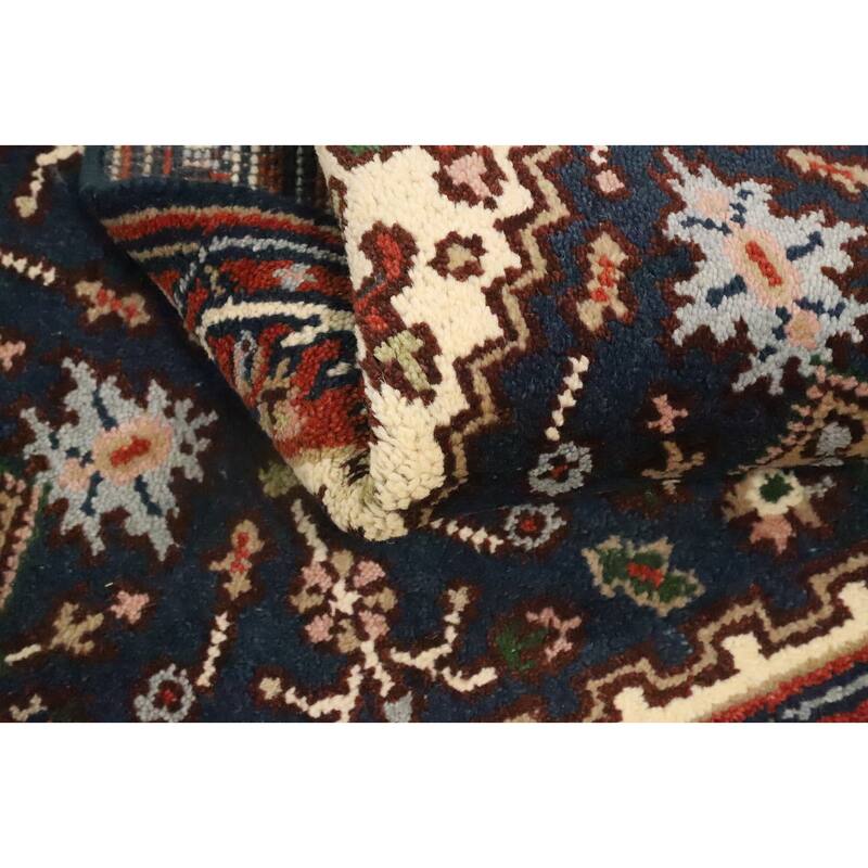 Hand Knotted Oriental 100% Wool Carpet Traditional Geometric Navy Blue & Blues Heriz (serapi) Runner Rug - 8' 4'' X 2' 5''