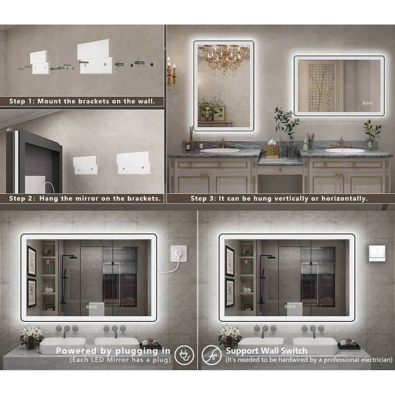 KIOTEE Rectangular Framed Front & Back LED Lighted Anti-Fog Tempered Glass Bathroom Vanity Mirror with ETL and 3-Year Warranty