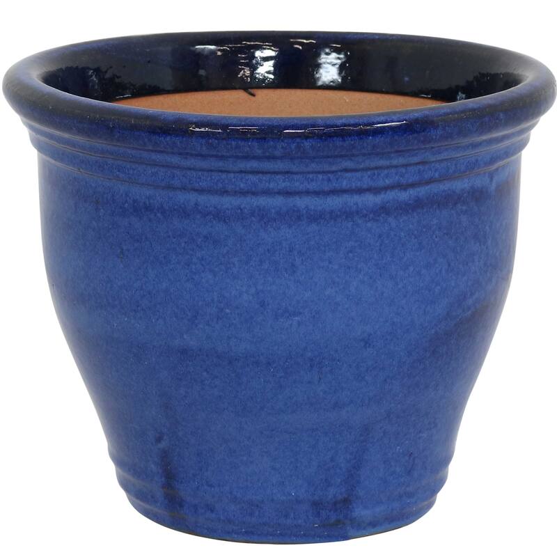 Sunnydaze Studio Round Glazed Ceramic Planter with Drainage - 15" - Imperial Blue - 15-Inch