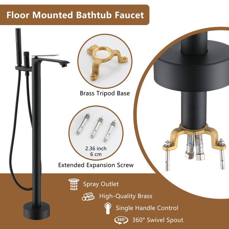 Bathtub Faucet, Floor Mount Free Standing Bathtub Faucet Tub Filler w/ Handheld Shower