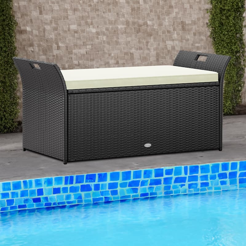 90 Gallon Outdoor Wicker Deck Box - N/A - Black+OffwhiteCushion
