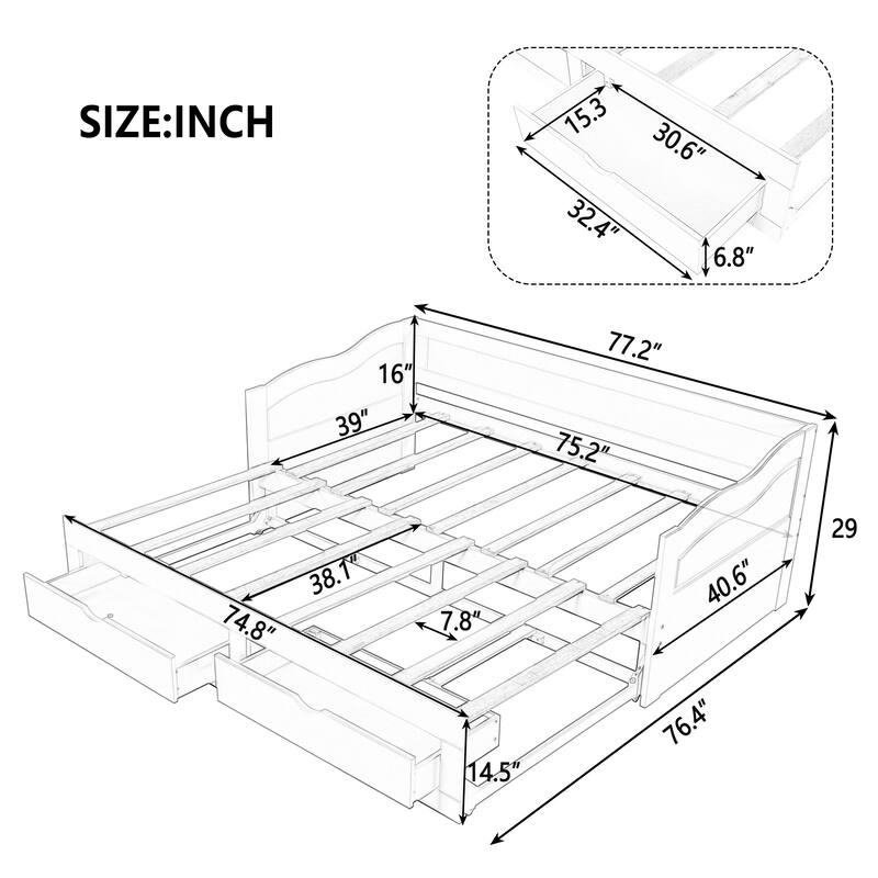 Multi-Functional Twin to King Size Daybed with Drawers and Trundle