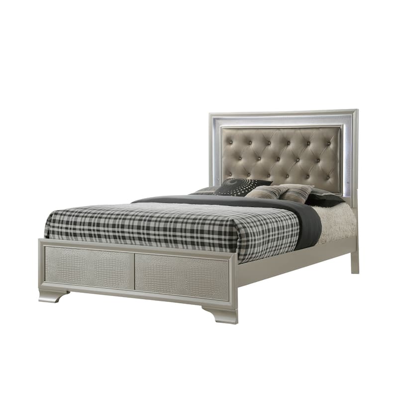 Queen Size Solid Wood Panel Bed with LED Headboard and Diamond Tufting