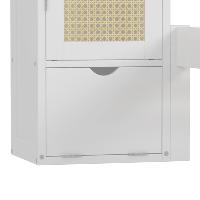 Twin Size Wooden Platform Bed with Storage Lockers, Drawer, and Headboard Shelf, Natural Rattan Design, White