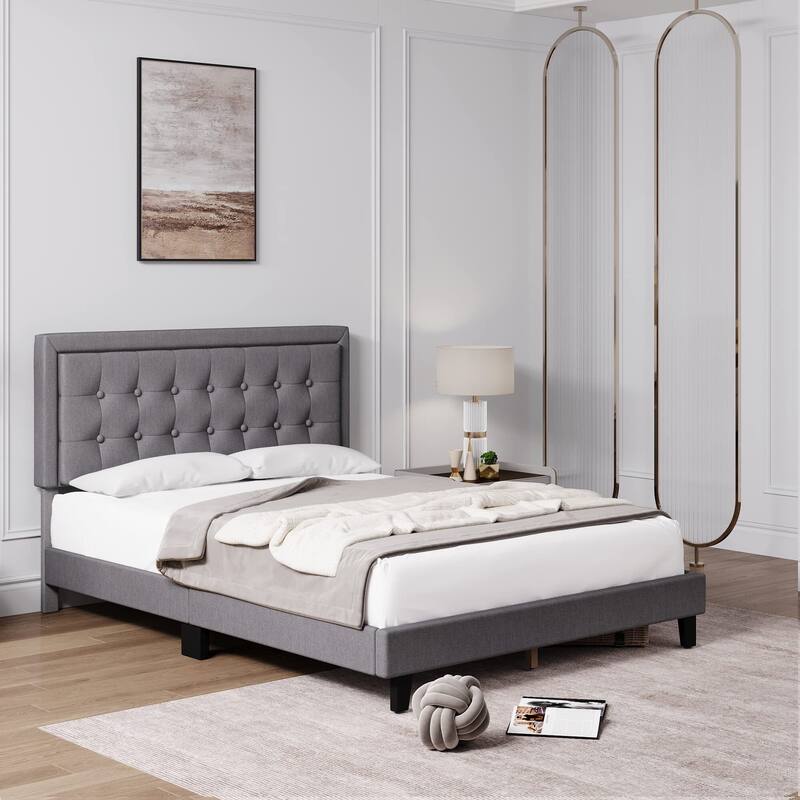 Modern Upholstered Platform Bed with Button Tufted Headboard