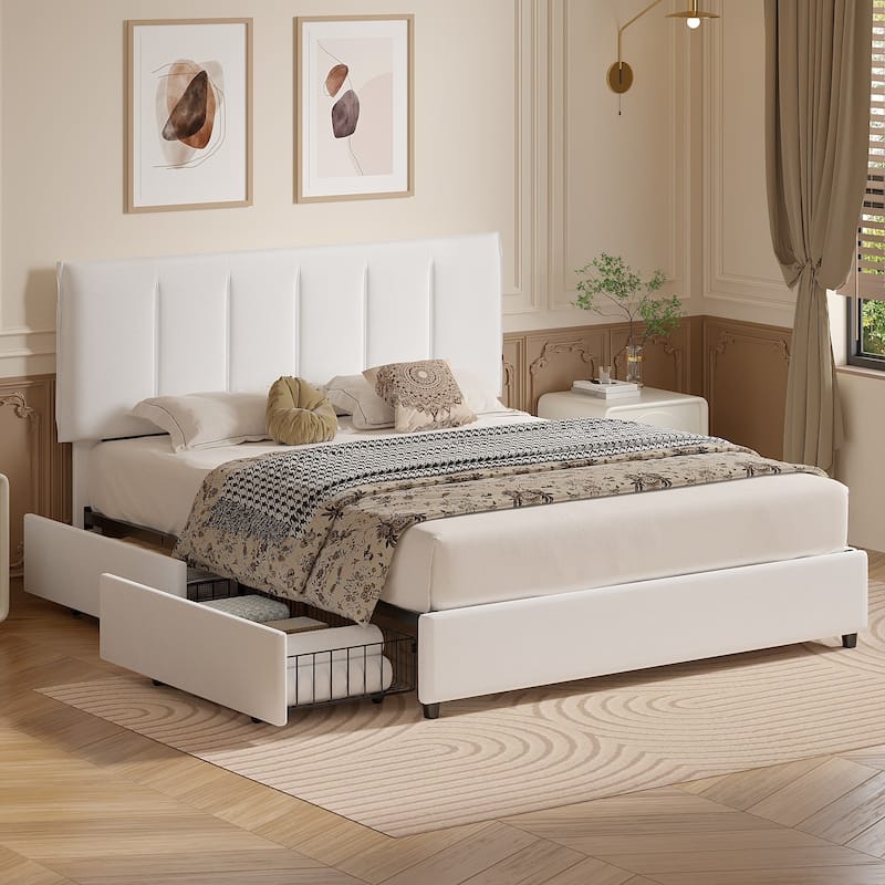 VECELO Bed Frame with 4 Storage Drawers, Upholstered Platform Bed Frame with Adjustable Headboard