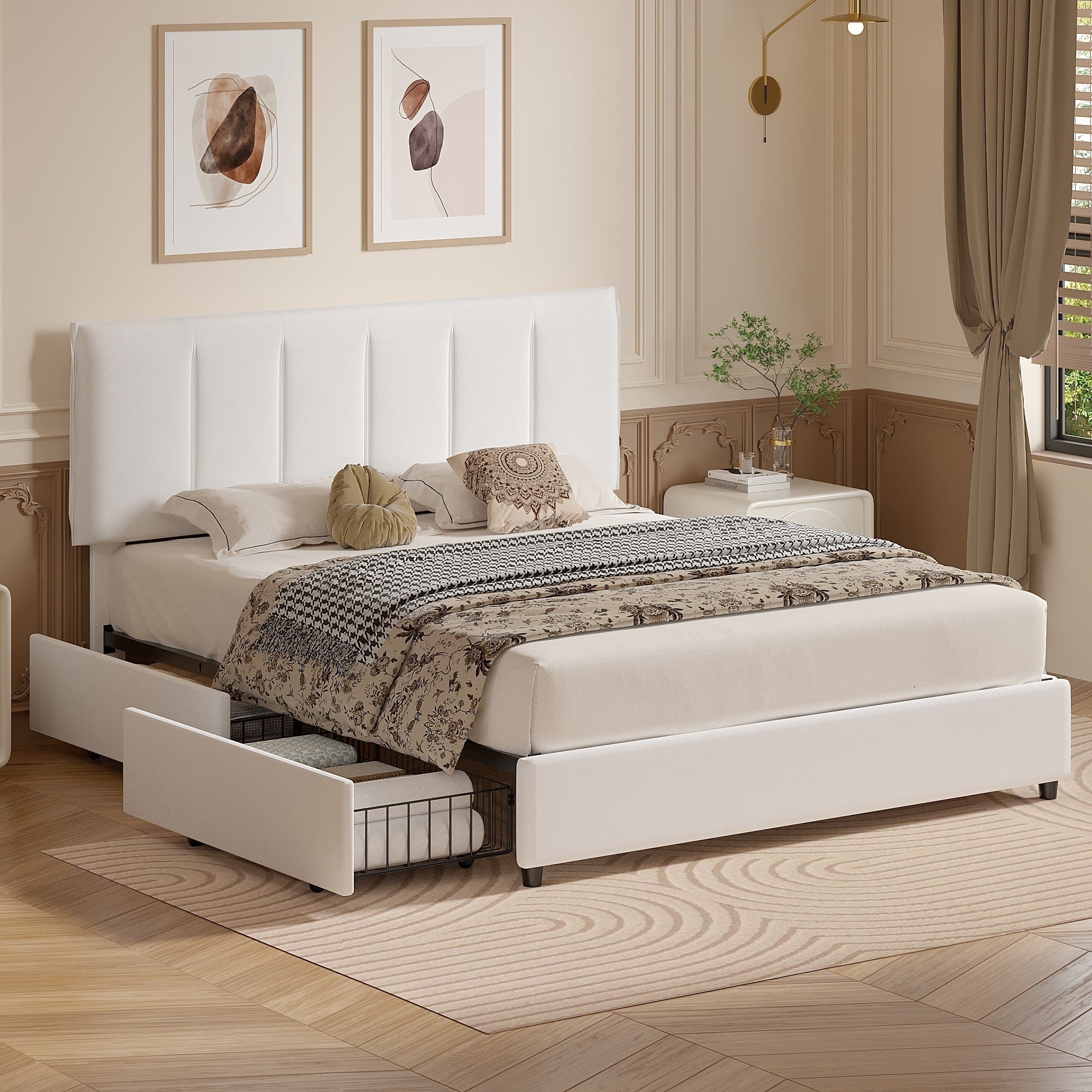 VECELO Bed Frame with 4 Storage Drawers Upholstered Platform Bed Frame with Adjustable Headboard