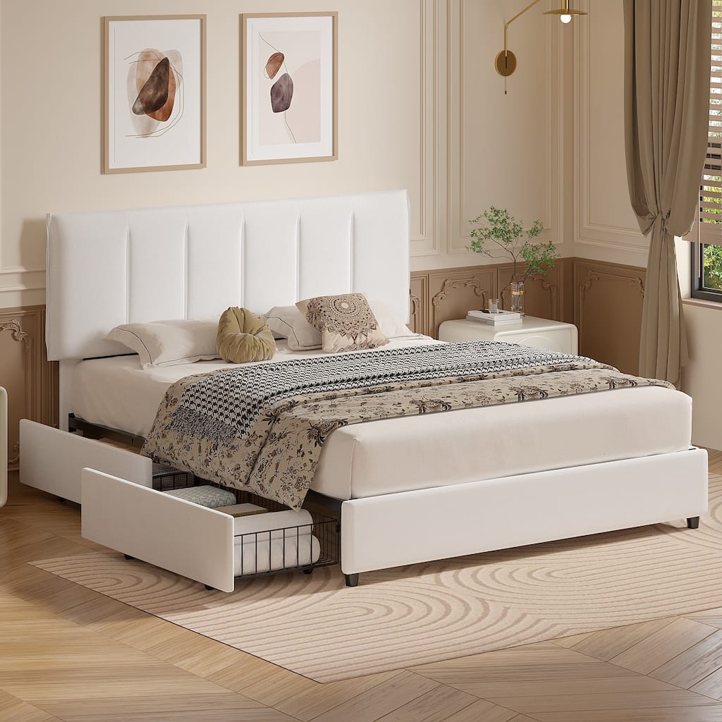 VECELO Bed Frame with 4 Storage Drawers, Upholstered Platform Bed Frame with Adjustable Headboard