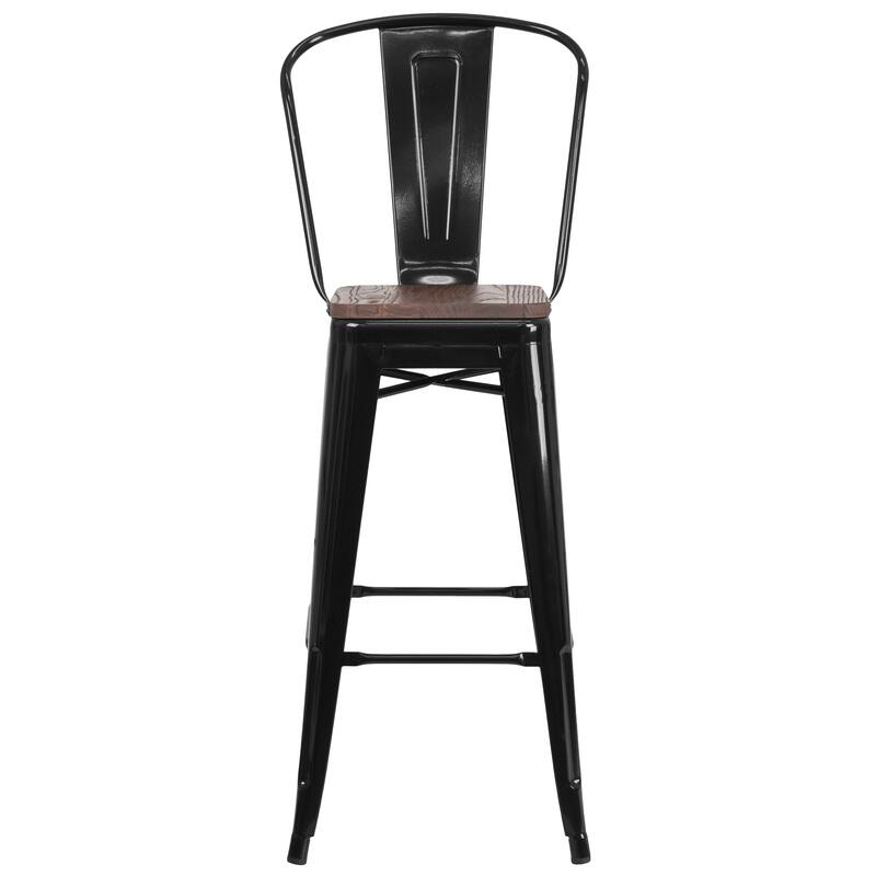 30" High Metal Barstool with Back and Wood Seat - 17.75"W x 20"D x 45.25"H