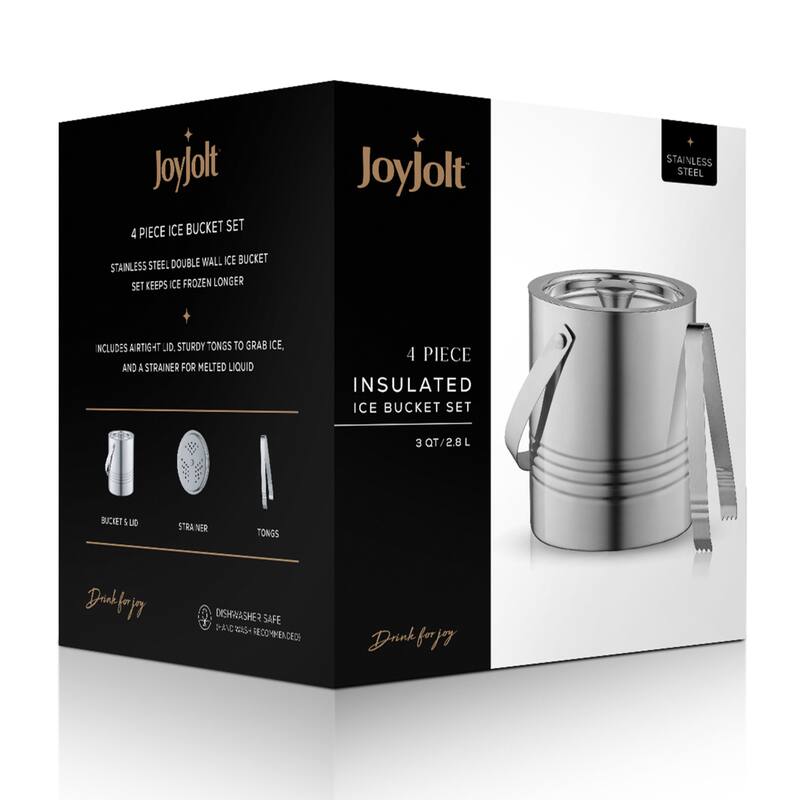 JoyJolt Double Wall Stainless Steel Ice Bucket with strainer and Tongs - 101 oz