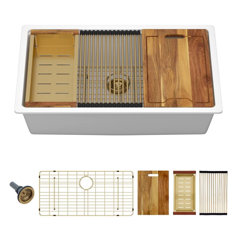 Kitchen Sink - 33" x 19" x 9.65" White Granite Composite Workstation Undermount Single Bowl Kitchen Sink