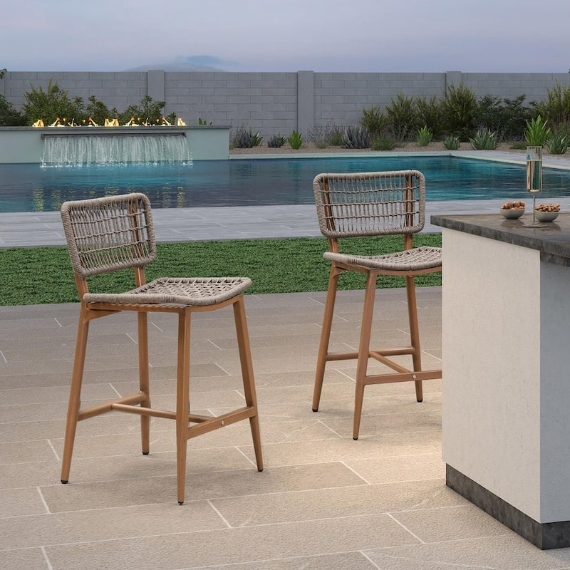 PURPLE LEAF Bar Stools Set of 2 Patio Wicker Bar Height Metal Chairs Boho High Barstools with Back for Garden Outdoor - Counter Height-TEAK