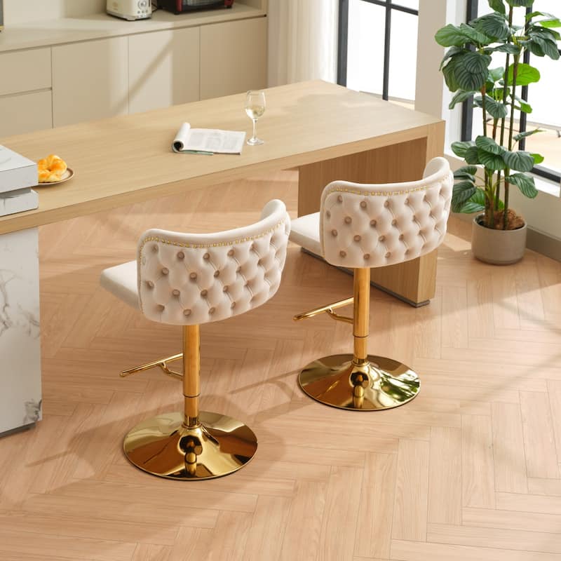 Swivel Bar Stools Set of 2, Velvet Upholstered Bar Stools with Adjusatble Height, Kitchen Island Chairs with Gold Plating Base