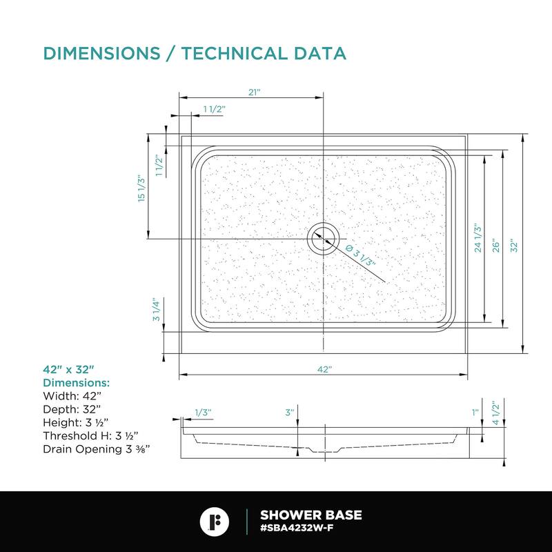 Fine Fixtures Single Threshold Acrylic Shower Base - Non-Slip Textured Surface Shower Floor Pan