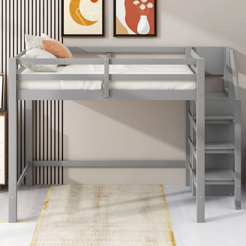 Full Size Loft Bed with Built-in Storage Wardrobe and Staircase in Gray