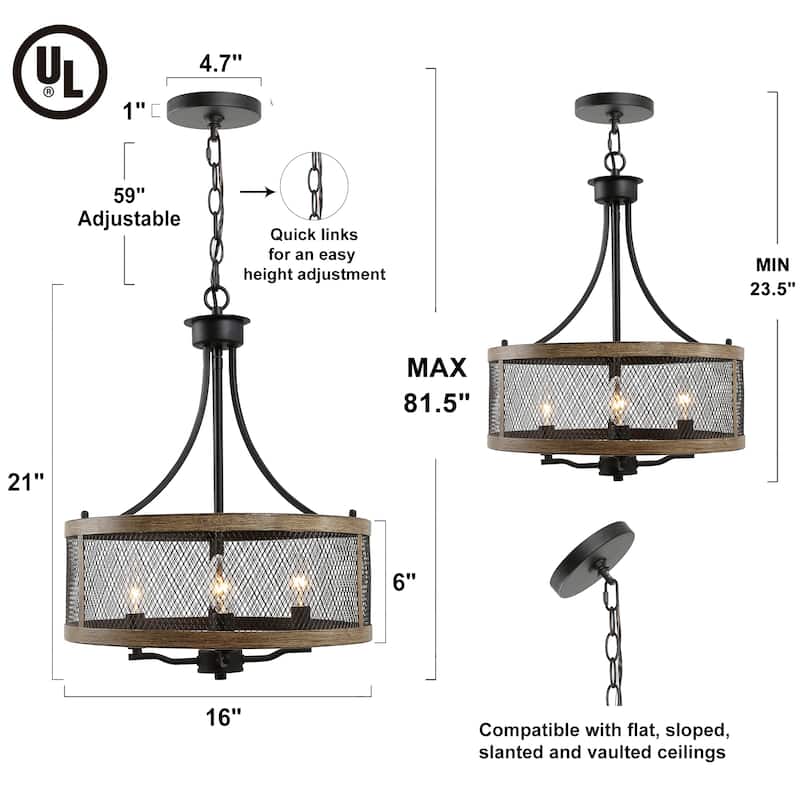 Deun Modern Farmhouse 4-Light Drum Mesh Cage Wood Grain Chandelier for Dining Room
