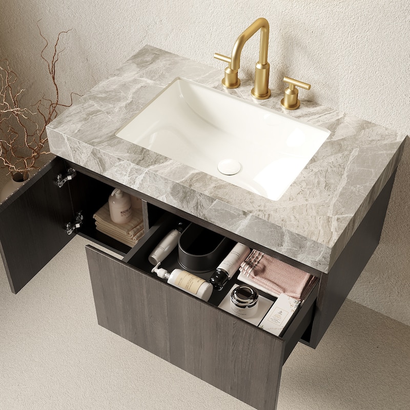 Floating Bathroom Vanity with Undermount Ceramic Basin with 3 Pre-drilled Faucet Holes