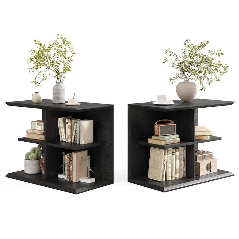 3-Tier End Table with Storage, Wood Sofa Side Table with 4 Cubes