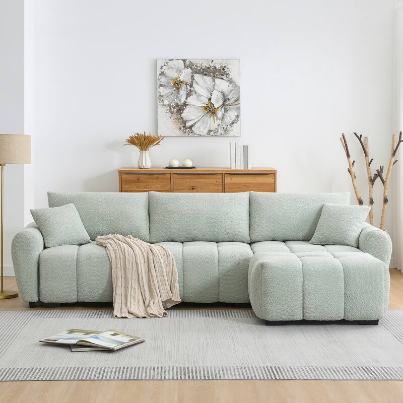 110" Modular L-Sectional - Boucle Fabric, Pull-Line Design, Movable Ottoman, 3 Color Options