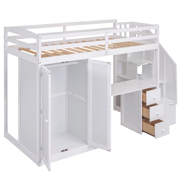 Twin Loft Bed with Wardrobe, Desk, and Storage