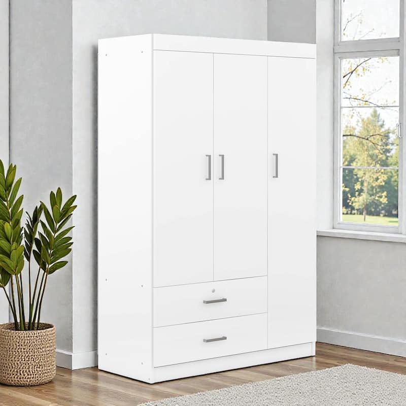 3 Door Wardrobe Closet with 2 Drawers, Modern White Freestanding Armoire Storage Cabinet for Bedroom