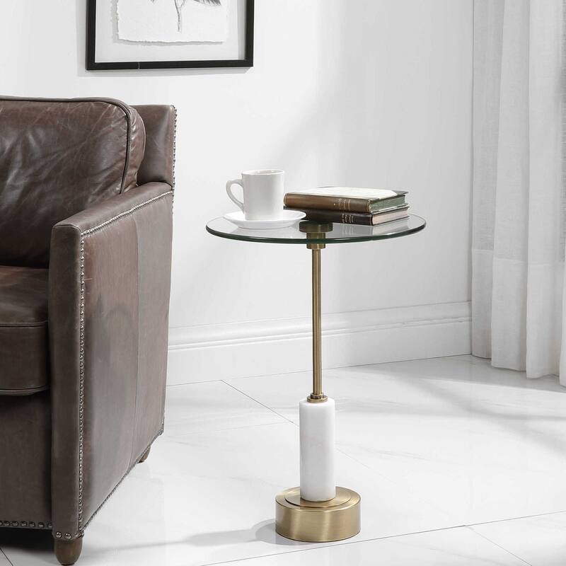 Uttermost Portsmouth 16" Round Modern Industrial Chair Side Accent - Brushed Brass / White Marble