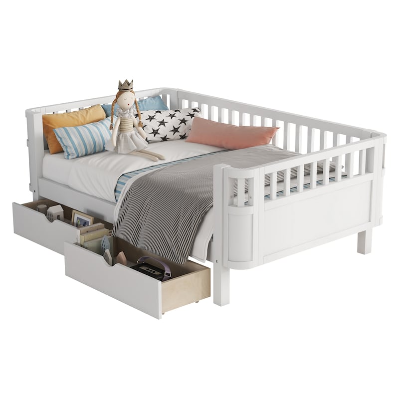 Twin Size Wood Platform Bed for Kids, Wood Low Profile Twin Bed with Rails for Girls and Boys