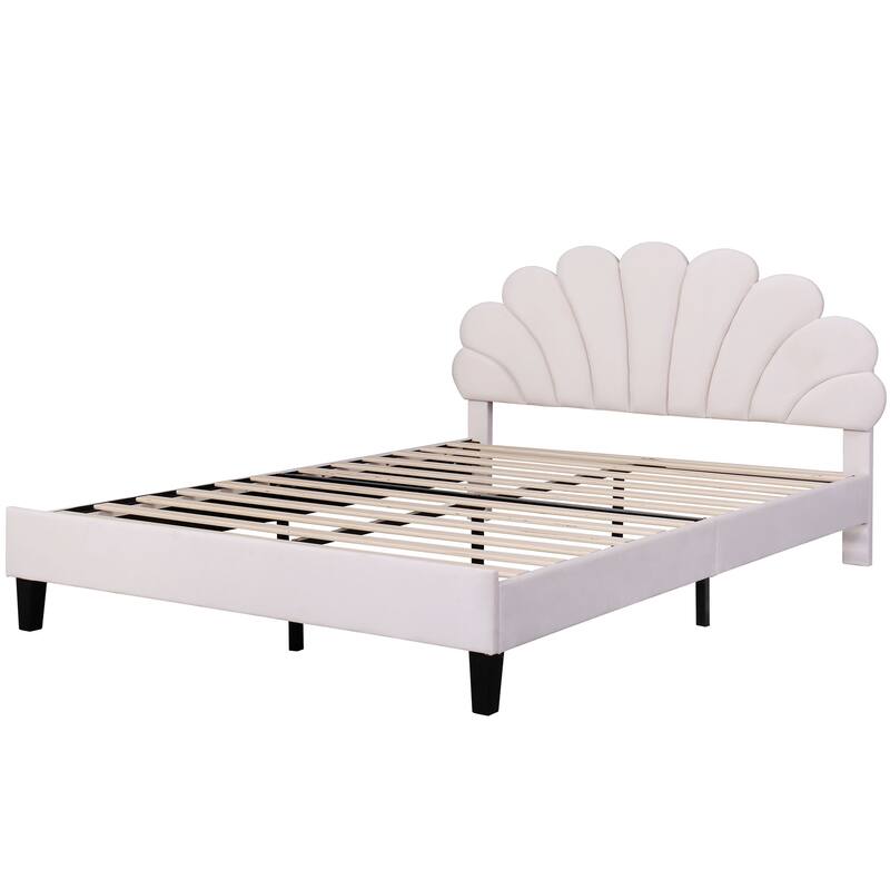 Modern Queen Size Platform Bed, Velvet Upholstered Bed Frame with Flower Pattern Headboard and Solid Wood Slats Support