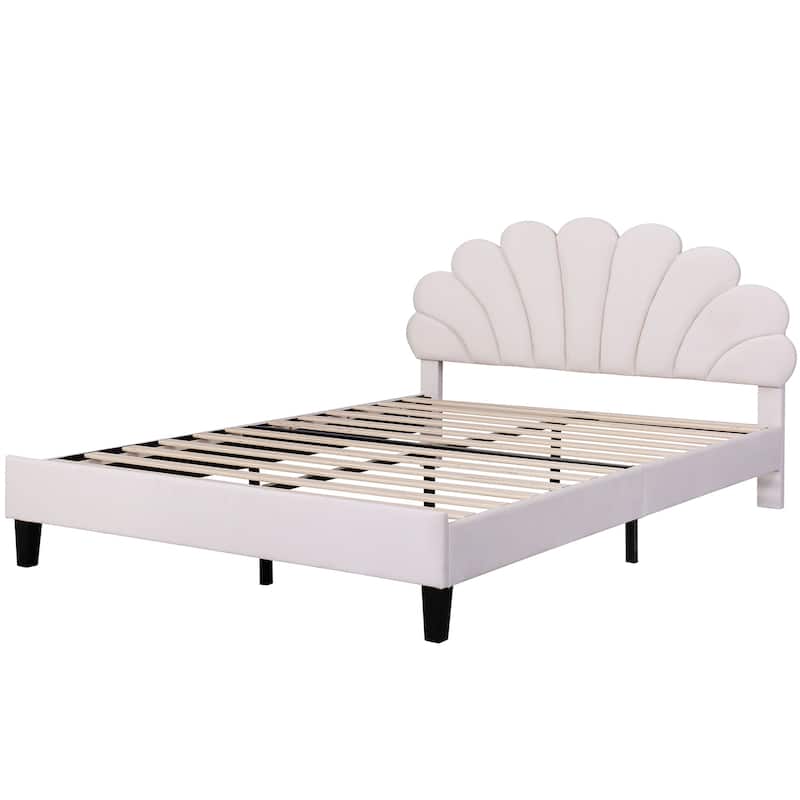 Queen Size Velvet Platform Bed with Floral Headboard, Beige