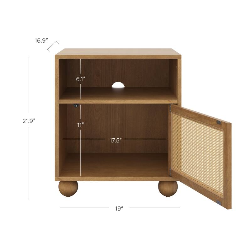 Franco Faux Rattan Side Table Nightstand with Storage, Rustic Bedside Table with Solid Wood Legs